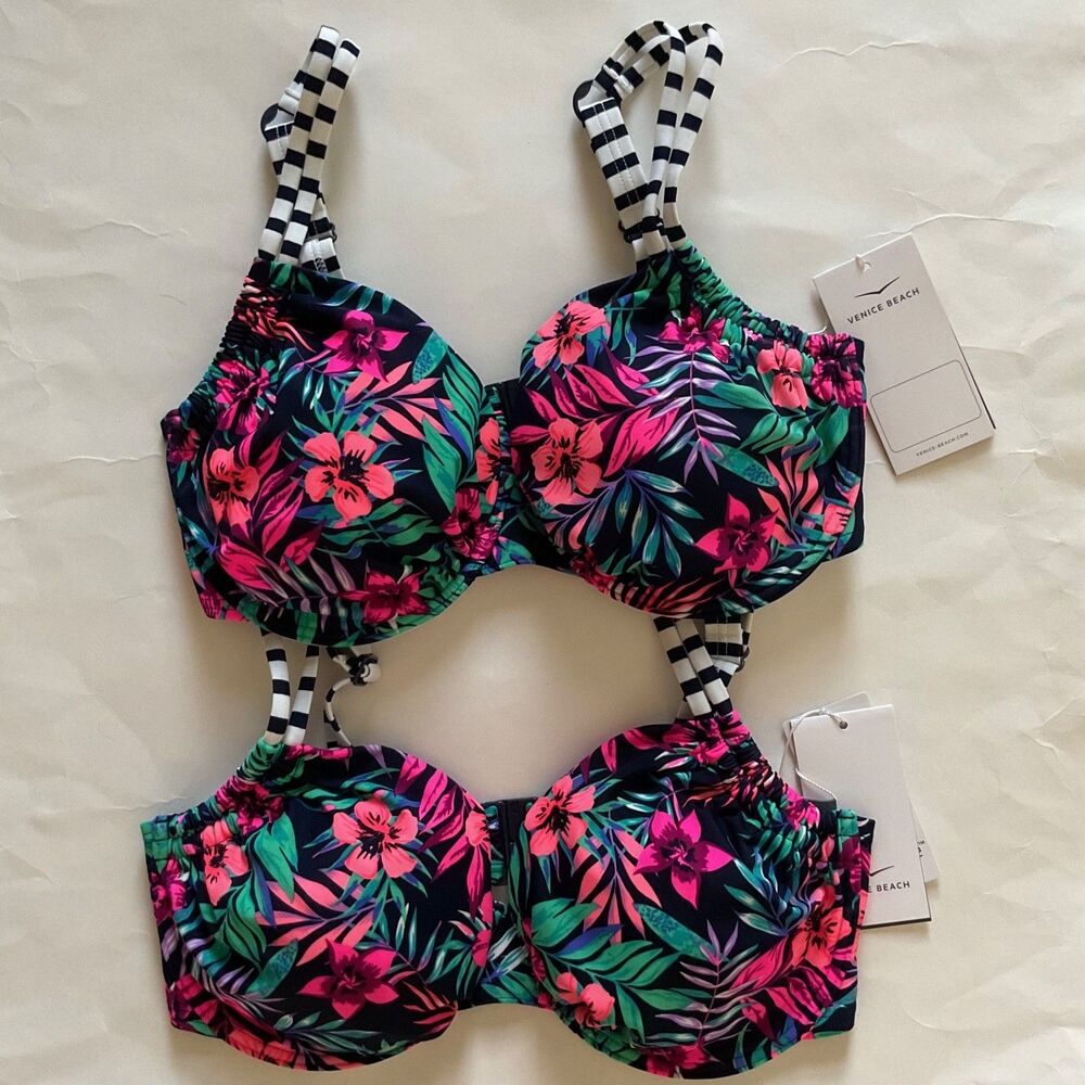 Lot 2 Venice Beach Floral Push Up Bikini Top Summer Sz 36DDD Pink Green Tropical
